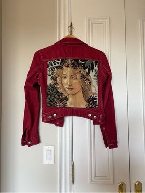 Red Women's Cropped Denim Jacket with Artistic Back Panel